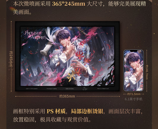 Artistic depiction of a character with text about dimensions and material on a dark background